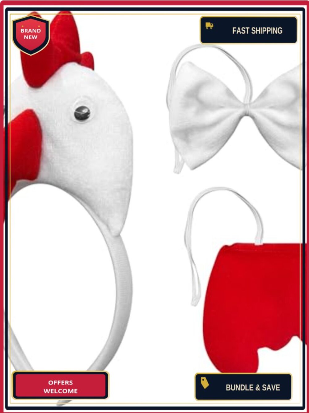 Chicken Costume Accessory Set Headband Bow Tie Tail Adult Halloween Party